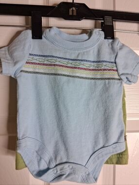Vintage Light Blue Baby  Embroidered Bodysuit with Matching Cargo Pants Newborn